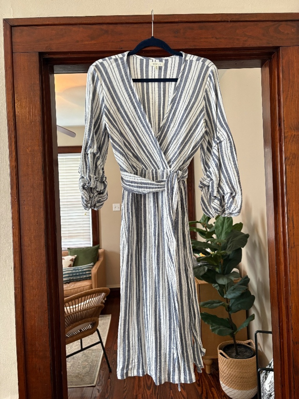 Max Studio Blue & White Striped Faux Wrap Dress Size S